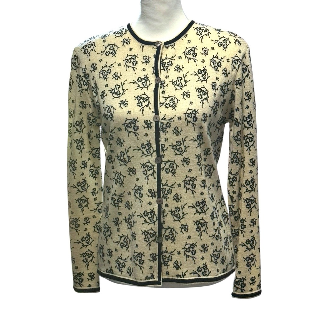 Mendocino Beige & Black Floral Cardigan Sweater 100%‎ Merino Wool Size Small